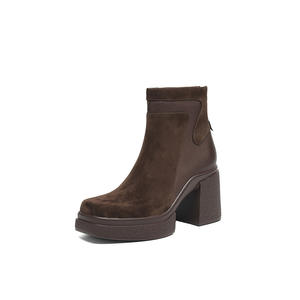 Bottes tendance à bout fermé de style rétro européen et américain 2025 avec fermeture éclair arrière, talon carré épais, cuir véritable - Product Image 2