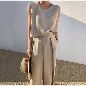 OEM Custom Korean Style New Products Cotton <strong>Hemp</strong> Linen <strong>Clothing</strong> for Women Set Two-piece Sleeveless Top Loose Wide Leg Pants - Product Image 1