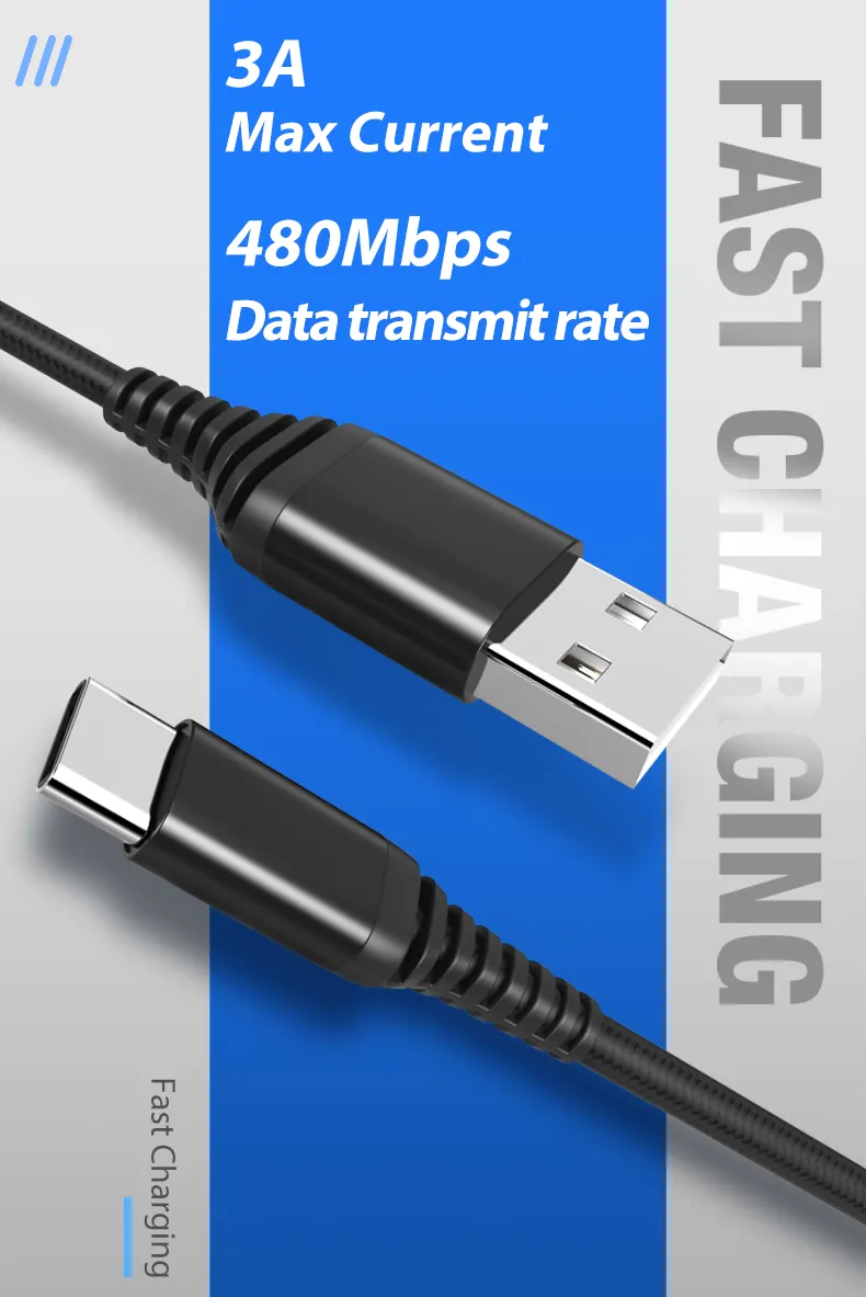 Popular Super Tipo C 3A 2M 1M Carga rápida USB2.0 Cables regulares para teléfonos móviles Tipo C 3A USB Tipo C Cable de datos de carga rápida