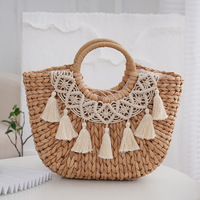 Sac à main demi-lune en raphia pour femme, sac de plage en paille avec deux poignées et décoration lettre