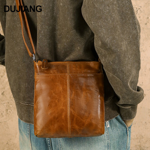 Dujiang Genuine Leather Men's Shoulder <b>Bag</b> Oil Coffee Solid Color Durable Commuter Crossbody <b>Bag</b> - Product Image 1