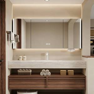 Natural wood texture intelligent lighting mirror rock board countertop minimalist design wall mounted bathroom cabinet - Product Image 1