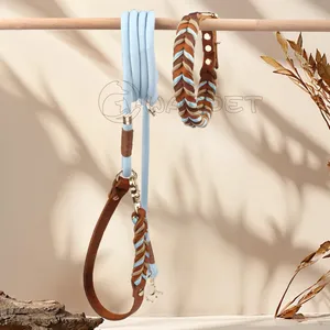 Tali hewan peliharaan anyaman tangan kustom Aksesori anjing dapat ditarik Paracord kepang kulit dapat dikunci tali kerah anjing Set yang cocok - Product Image 3