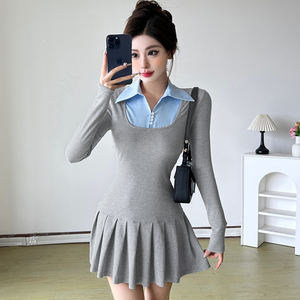 Vestido Mini Plisado con Cuello Color Block Estilo Preppy Coreano para Mujer, Manga Larga, Diseño de Dos Capas, Botones al Frente, Corte Ajustado, Estilo Colegiala - Product Image 6