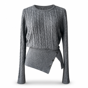 Suéter con Dobladillo Asimétrico para Mujer, Gris, de Punto Trenzado, Cuello Redondo, <span class=keywords><strong>Botones</strong></span> <span class=keywords><strong>Laterales</strong></span>, Manga Larga, Elegante, para Otoño e Invierno - Product Image 3