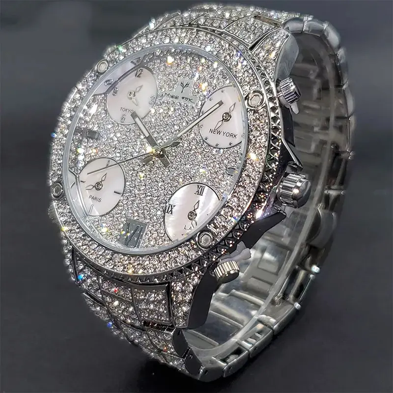Jam tangan Hip Hop pria, arloji Quartz desain asli Hip Hop dengan berlian penuh panggilan besar tahan air