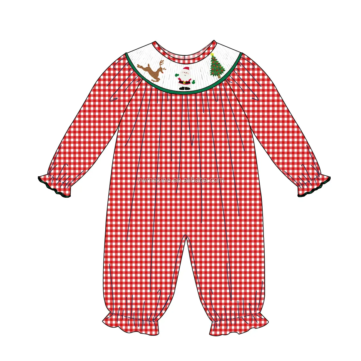 New design smocking kids clothing christmas tree & santa embroidery jumpsuit boutique smocked baby girl romper