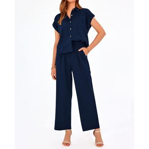 Conjunto de 2 Piezas para Mujer, Top de Manga Corta y Pantalones Palazzo, Atuendo Casual de Verano, Tela Crepé Transpirable - Product Image 3