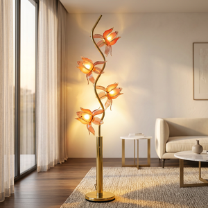 Pink Translucent Acrylic Lotus <b>Floor</b> <b>Lamp</b>, Curvy Gold Metal Frame Flower Light, Decorative Standing <b>Lamp</b> <b>for</b> Hotel Lobby - Product Image 4
