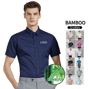 Chemise unie blanche OEM pour homme en fibre de bambou et coton, coupe ajustée, manches courtes, personnalisable pour affaires - Product Image 2