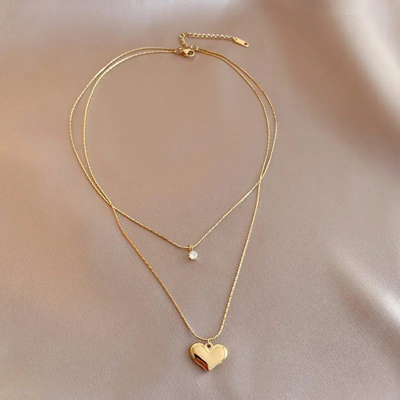 14K Gold Plated Double Layer Chain Colares Aço Inoxidável CZ Zircon Heart Pendant Colares Jóias para Mulheres Atacado