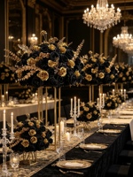 Centre de table de luxe noir et or, boule géante de fleurs et de roses en maille, vendue séparément, pour la décoration de scène de mariage, de fête ou d'événement
