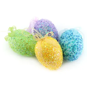 Top Fashion Easter Ornament Props Hang Plastic Polyfoam Egg Colored Plastic Glitter Bow Ribbon Festive Children Party Decoration