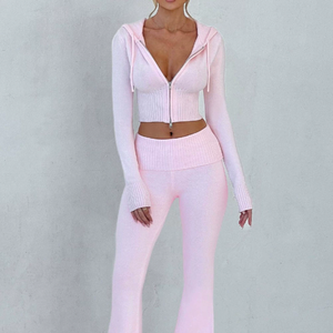 Ensembles Femme Automne 2026 Y2K : Survêtement Sportif 2 Pièces avec Sweat à Capuche Zippé et Pantalon Tricoté Taille Basse Coupe Slim - Product Image 3