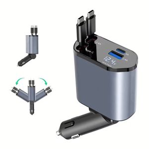 120W 4 in 1 Car Phone Charger LED Digital Display Retractable 2 Cables Type C PD Cigarette Lighter <b>Adapter</b> for Mobile Phone - Product Image 1