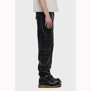 Stacked Style Black Leather Straight Leg Pants with Contrast <strong>White</strong> Stitching Side Patch <strong>Cargo</strong> Pockets Functional Pants Cool Men - Product Image 2