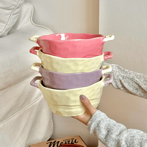 Bol à soupe en céramique à double oreille, style crème, grande capacité, pour usage domestique - Product Image 2