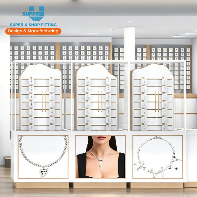 Modern Jewellery Wall Display Cabinet Design Luxury Wooden Led Necklace Display Rack Glass Jewelry Counter Showcase for Retail