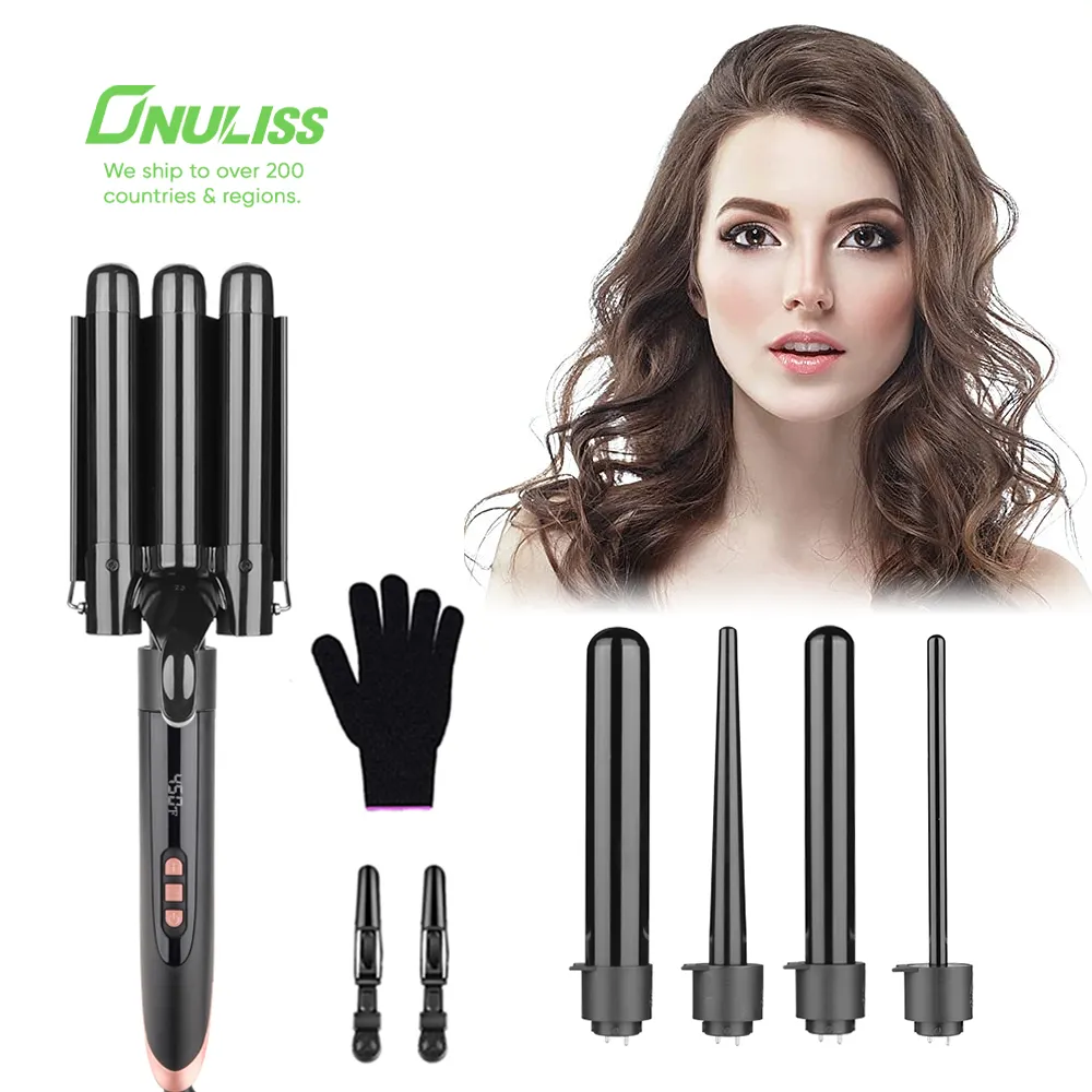 5 In 1 değnek Curling seti 3 varil saç Crimper 4 değiştirilebilir varil çok fonksiyonlu saç bigudi dönen bukle makinesi