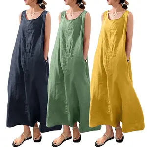 Летняя женская одежда на заказ, элегантное винтажное женское платье макси без рукавов с круглым вырезом, повседневное 100% льняное платье