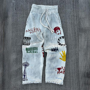 กางเกงวอร์มเอวกลางทรงวินเทจผ้าเทอร์รี่คอตตอน 100% คุณภาพสูง ซักย้อมสีซีดแบบลำลองสำหรับผู้ชาย - Product Image 2