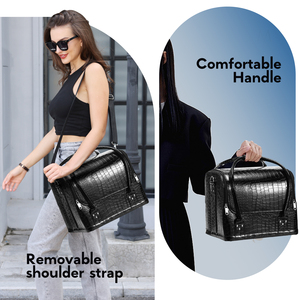 Large <b>Makeup</b> <b>Case</b> with Adjustable Shoulder Strap Professional Cosmetic Organizer Bag Black Crocodile Pattern Cosmetic Train <b>Case</b> - Product Image 4