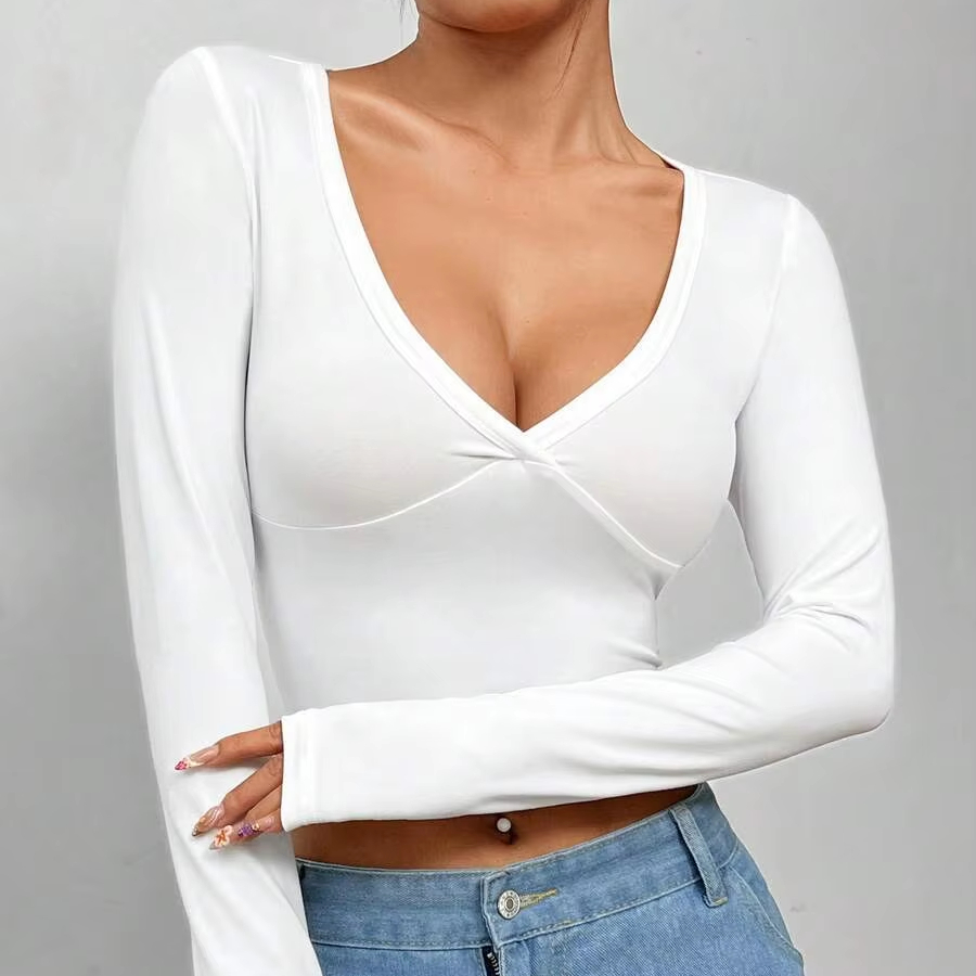 China Factory Quick-drying Outerwear with Chest Pads Fitness Tight Deep V Neck Sports T-shirts Long Sleeve Yoga Tops for Woman