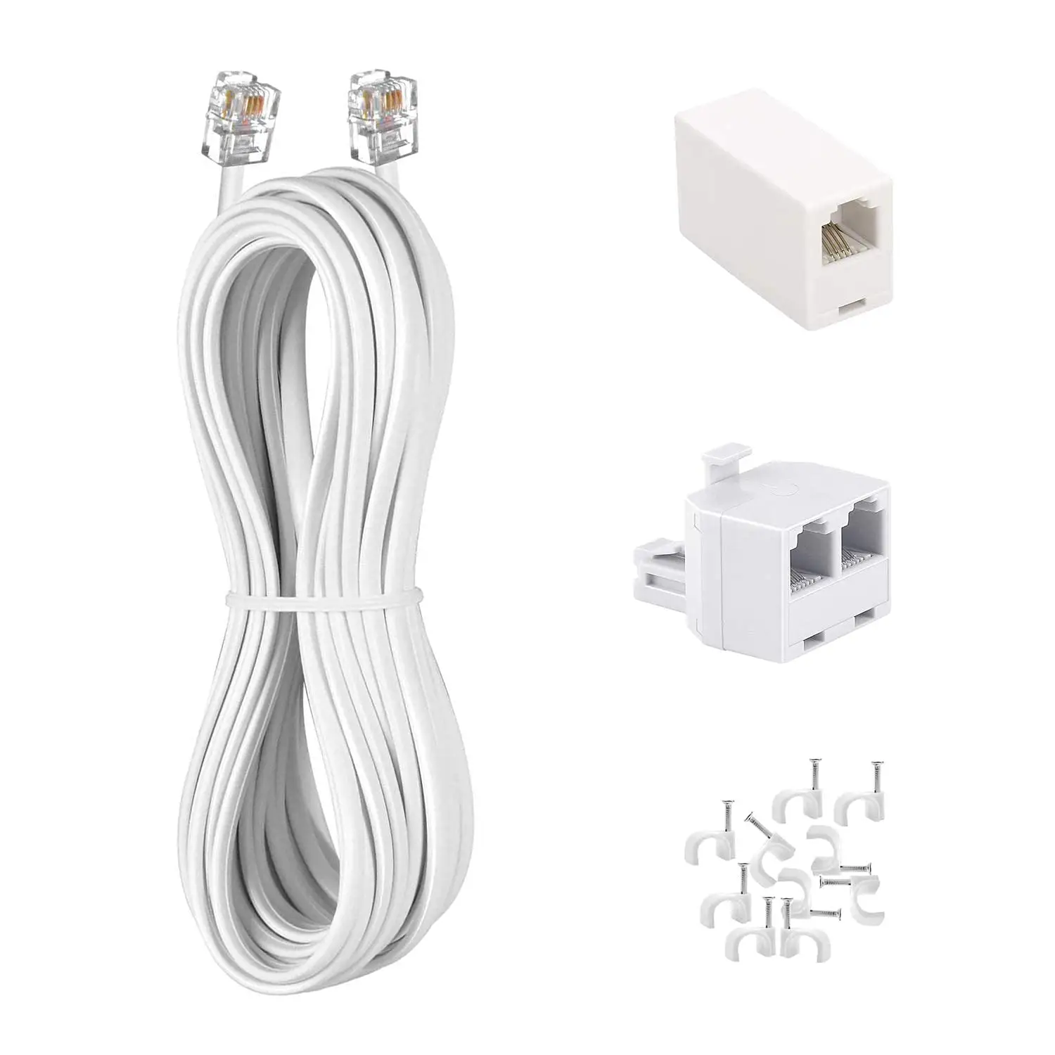 Phone Cord 6 FT, Landline Telephone Cable with RJ11 Plug, Includes Telephone Inline Coupler RJ11 Splitter and 10pcs Cable Clips
