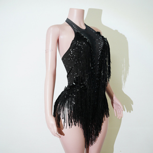 Justaucorps <span class=keywords><strong>Noir</strong></span> Onyx Spandex avec Strass et Franges pour Cabaret, Diva de Scène, Spectacle Burlesque, Performer, Danseuse - Product Image 5