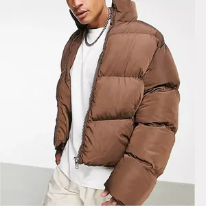 Mode individuelles Logo einfarbige braune Arbeitskleidung zugeschnitten dicke Baumwolle Ausschnitt Oberteil Unisex Reißverschluss winter gepolsterter Puffer Daunenmantel Jacken