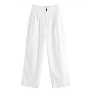 Women's High Waist <b>Wide</b> <b>Leg</b> Pleated Ankle-Length Pants Solid White Button Fly Loose Fit Casual Summer <b>Trousers</b> - Product Image 4