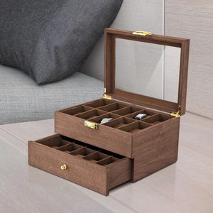 Caja de almacenamiento de relojes de madera maciza de doble capa con tapa de cristal y cajón para organizar joyas 29x21,5x15cm - Product Image 1