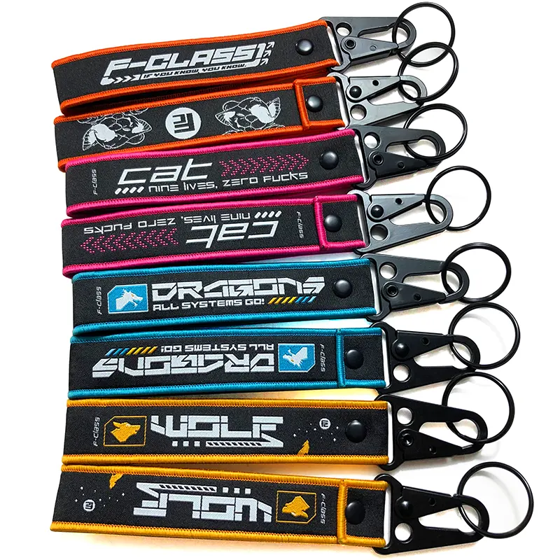 Custom Car Logo Fabric Embroidery woven keychains Whistles Lanyard Motorcycle carabiner clip Keychain custom key chains