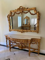 Table d'appoint en marbre naturel français Villa Table d'angle en bois massif doré sculpté à la main avec miroir Bureau d'angle vintage