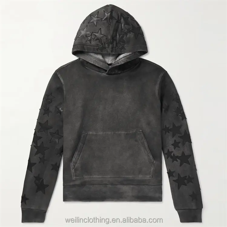 Custom patch couro estrelas pigmento spray angustiado vintage wash hoodie para homens