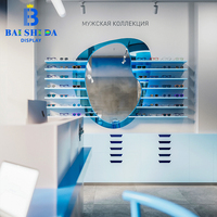 Aménagement de magasin d'optique minimaliste sur mesure, ensemble complet de présentoirs muraux blancs pour lunettes et présentoirs îlots pour vitrine d'opticien
