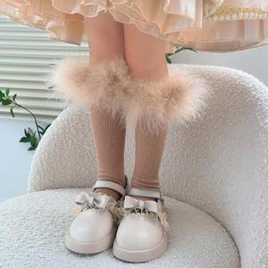 아기 소녀용 퍼리 페더 트림 니하이 삭스 유니폼 프레피 스타일 솔리드 컬러 부츠 스타킹 레그 워머 - Product Image 2