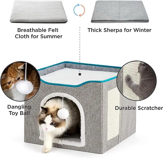 Wholesale Pet Products Anti-Slip Round Fluffy Plush Large Cats Cubes Foldable Cat Condos Pet Beds for Indoor Cats