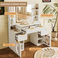 Coiffeuse moderne en bois avec 3 modes d'éclairage LED, étagères, 3 tiroirs, 2 armoires réglables et miroir sur pied pour dortoir, chambre et salon