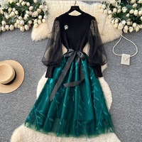 Robe longue élégante pour femme WIWT, coupe trapèze, décontractée, avec manches bouffantes en maille, ceinture à la taille, broderie de feuilles en tulle, idéale pour le quotidien et les soirées.