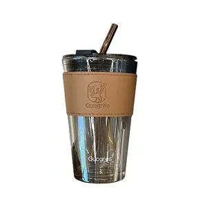 Gelas Tumbler dengan sedotan dan tutup es kopi dengan silikon dan Neoprene lengan dapat digunakan kembali botol air kaca dengan sedotan