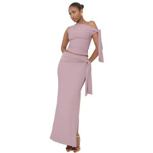 Women's Summer Slim Fit <b>Tie</b> Long Dress Set Asymmetrical Neck Sleeveless Top Short Casual Street Style Skirt Solid Plain Dyed - Product Image 3