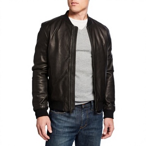 Men's Genuine Leather Bomber Jacket Solid Color <b>Covered</b> <b>Button</b> Closure Stand Casual Style Winter Wear Varsity Adults Breathable - Product Image 3