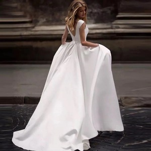 Wedding Dress A-Line Satin O-Neck Natural Waist White Ivory Simple Fashion Travel Photography Style - Product Image 2
