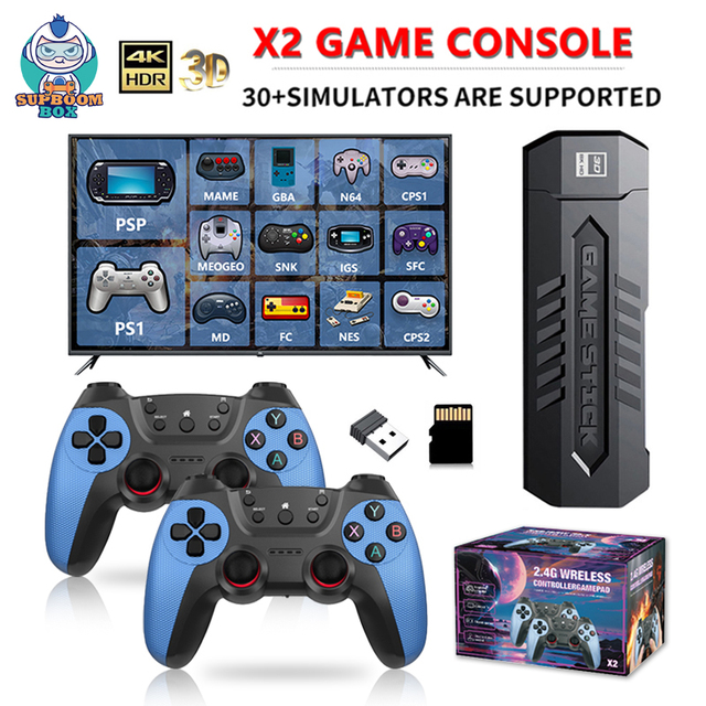 X2 Blue Retro Game Stick 4K Plug and Play Video Game Console for TV 64G/128G/256GB Storage 2.4G Wireless Rechargeable Controller