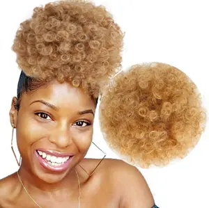 bun saç peruk klip Suppliers-İpli at kuyruğu Kinky kıvırcık insan saçı kısa Afro Kinky peruk Updo saç uzatma puf topuz at kuyruğu klip saç ekleme