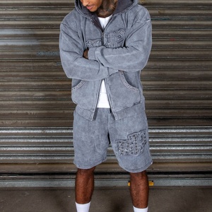 Custom Two Piece Sweatsuit Track Short Set <strong>Summer</strong> Distressing Embroidery Tracksuit Zip up Hoodie and Shorts <strong>Jacket</strong> Sets <strong>Men</strong> - Product Image 1