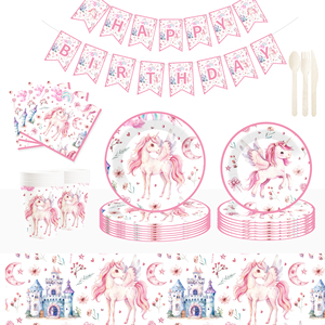 Juego de Vajilla Desechable DAMAI con Temática de Unicornio Rosa, Castillo, Luna y Flores, Platos y Vasos de Papel para Fiestas de Niñas - Product Image 1
