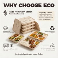 Assiette compartimentée biodégradable en amidon de maïs, étanche, compatible micro-ondes, compostable, avec couvercle, pour plats à emporter