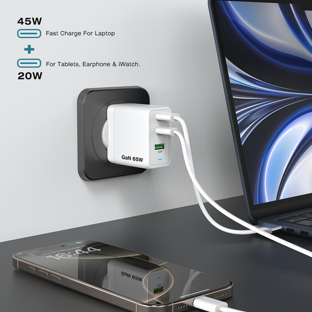 65W GaN PD Charger Three Ports Korea Grounding Fast Charger PPS Power Adapter for MacBook Air iPhone 16 15 14 iPad Galaxy